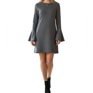 Lea & Viola Pearl Embellished Shift Dress Grey Bell sleeves Size S NEW Feminine